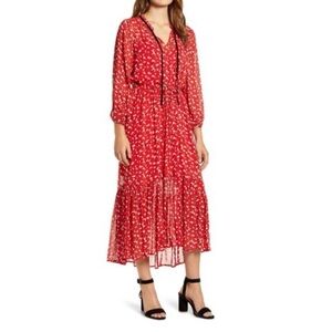 Lucky Brand | Red Floral Three-Quarter
Sleeve Ruffle Ryan
Line Midi Dress